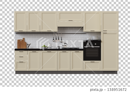 modern kitchen isolated on transparent background, home furniture, 3D illustration, cg render 138951672