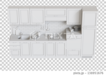 modern kitchen isolated on transparent background, home furniture, 3D illustration, cg render 138951676