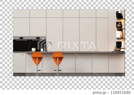 modern kitchen isolated on transparent background, home furniture, 3D illustration, cg render 138951680