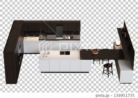 modern kitchen isolated on transparent background, home furniture, 3D illustration, cg render 138951735