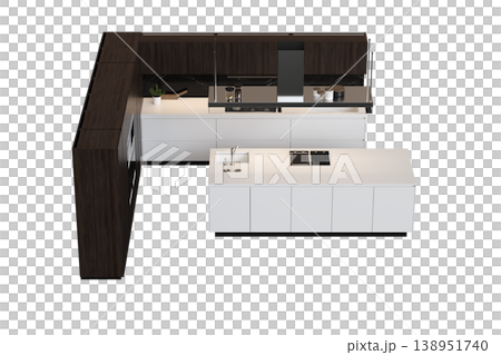 modern kitchen isolated on transparent background, home furniture, 3D illustration, cg render 138951740
