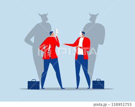 Cheat concept,businessmen colleagues putting fake smile mask hiding the knife behind.jealousy colleagues compete to get promoted, rivalry coworker argument vector 138951753