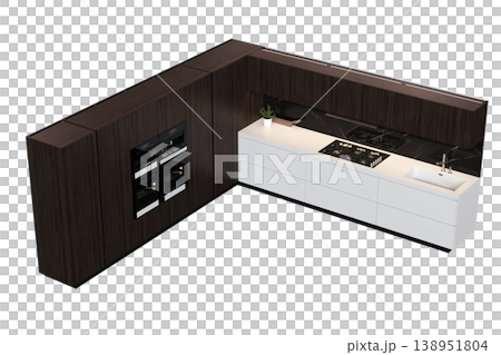 modern kitchen isolated on transparent background, home furniture, 3D illustration, cg render 138951804