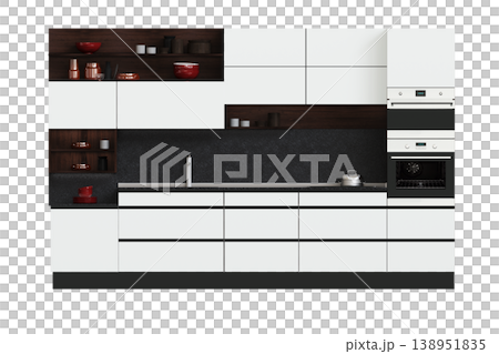 modern kitchen isolated on transparent background, home furniture, 3D illustration, cg render 138951835