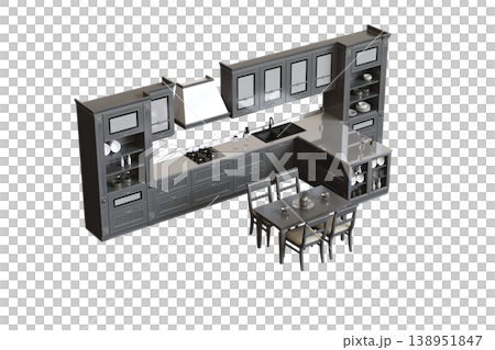 modern kitchen isolated on transparent background, home furniture, 3D illustration, cg render 138951847