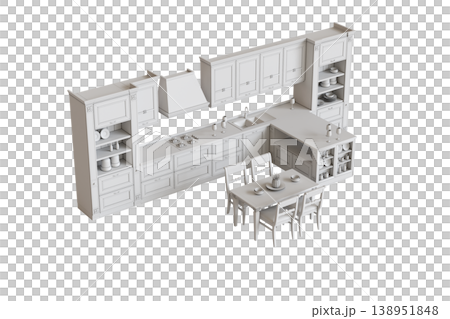 modern kitchen isolated on transparent background, home furniture, 3D illustration, cg render 138951848
