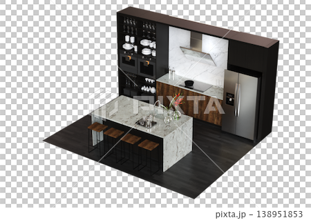 modern kitchen isolated on transparent background, home furniture, 3D illustration, cg render 138951853