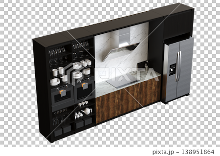 modern kitchen isolated on transparent background, home furniture, 3D illustration, cg render 138951864