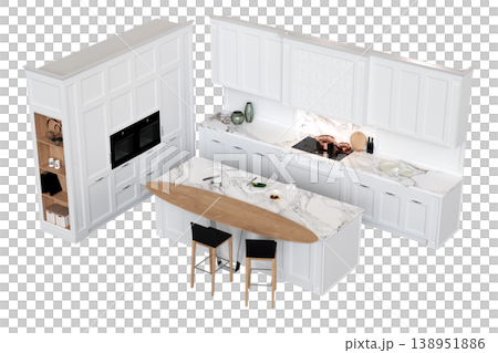 modern kitchen isolated on transparent background, home furniture, 3D illustration, cg render 138951886