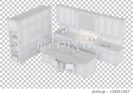 modern kitchen isolated on transparent background, home furniture, 3D illustration, cg render 138951887
