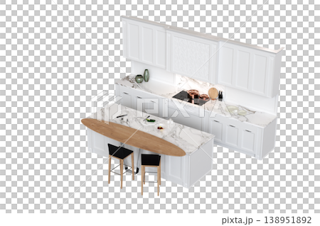 modern kitchen isolated on transparent background, home furniture, 3D illustration, cg render 138951892