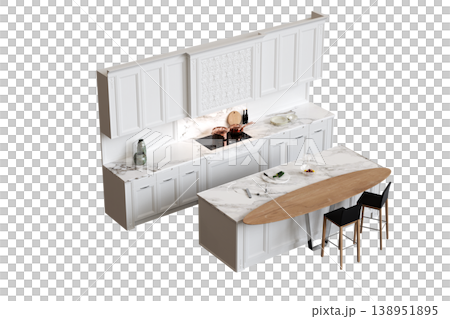 modern kitchen isolated on transparent background, home furniture, 3D illustration, cg render 138951895