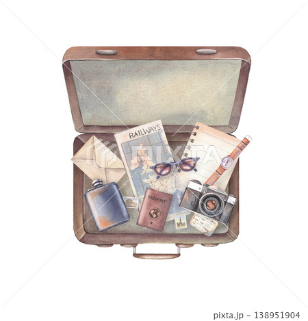Hand-painted watercolor, open suitcase with travel essentials, railway map, flask, letter, notebook, sunglasses, passport, camera, watch, stamps isolated on white for travel branding, ads, editorial Hand-painted watercolor, open suitcase with travel essentials, railway map, flask, letter, notebook, sunglasses, passport, camera, watch, stamps isolated on white for travel branding, ads, editorial 138951904