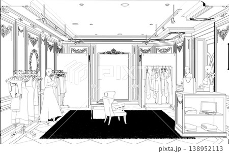 shopping mall, contour visualization, 3D illustration, sketch, outline 138952113