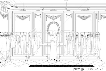 shopping mall, contour visualization, 3D illustration, sketch, outline 138952123
