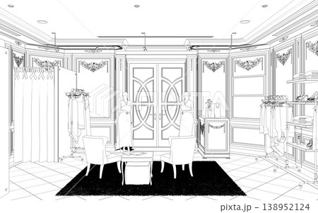shopping mall, contour visualization, 3D illustration, sketch, outline 138952124