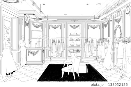 shopping mall, contour visualization, 3D illustration, sketch, outline 138952126