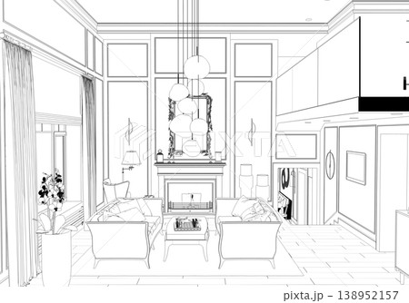 shopping mall, contour visualization, 3D illustration, sketch, outline 138952157