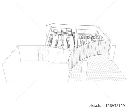 shopping mall, contour visualization, 3D illustration, sketch, outline 138952169