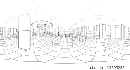 spherical panorama of the interior, contour visualization, 3D illustration, sketch, outline spherical panorama of the interior, contour visualization, 3D illustration, sketch, outline 138952224