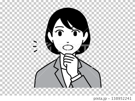 A monochrome illustration of a young woman in a suit with her hand on her chin, reminiscing. A monochrome illustration of a young woman in a suit with her hand on her chin, reminiscing. 138952241