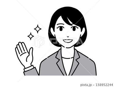 笑顔で明るく案内するスーツ姿の若い女性のイラスト モノトーン 笑顔で明るく案内するスーツ姿の若い女性のイラスト モノトーン 138952244