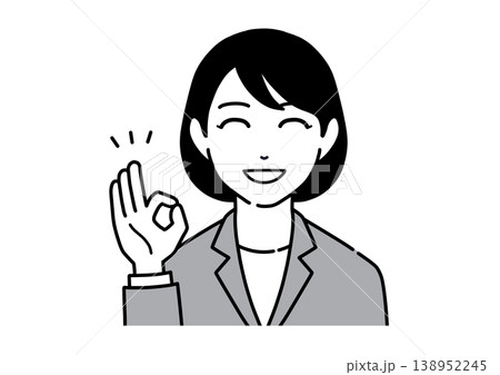 笑顔で了解ポーズをするスーツ姿の若い女性のイラスト モノトーン 笑顔で了解ポーズをするスーツ姿の若い女性のイラスト モノトーン 138952245