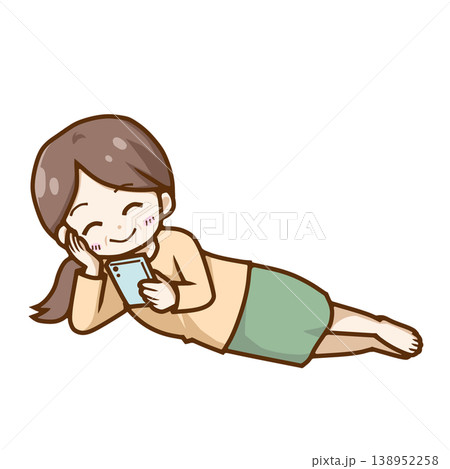 寝転んでスマホを見て笑う中年女性ちびキャライラスト（くつろぎ・おうち時間・SNS）ブログ・教材向け 138952258