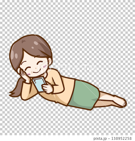 寝転んでスマホを見て笑う中年女性ちびキャライラスト（くつろぎ・おうち時間・SNS）ブログ・教材向け 138952258