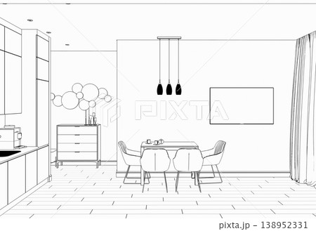 interior contour visualization, 3D illustration, sketch, outline interior contour visualization, 3D illustration, sketch, outline 138952331