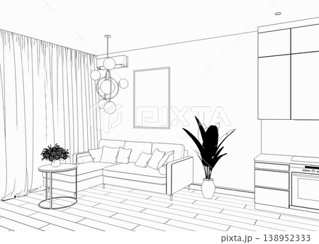 interior contour visualization, 3D illustration, sketch, outline interior contour visualization, 3D illustration, sketch, outline 138952333
