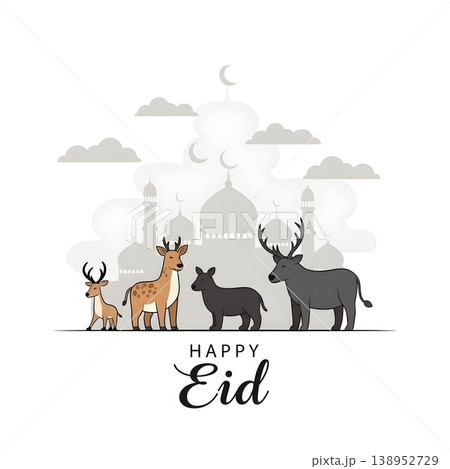 Happy Eid Celebration With Animals And Mosque Silhouettes Happy Eid Celebration With Animals And Mosque Silhouettes 138952729