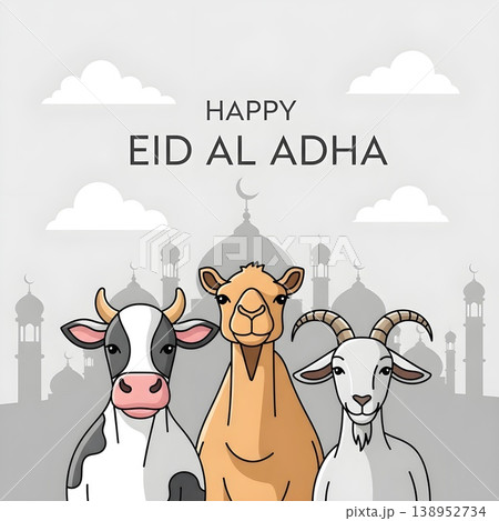 Happy Eid Al Adha Celebration With Sacrificial Animals Happy Eid Al Adha Celebration With Sacrificial Animals 138952734