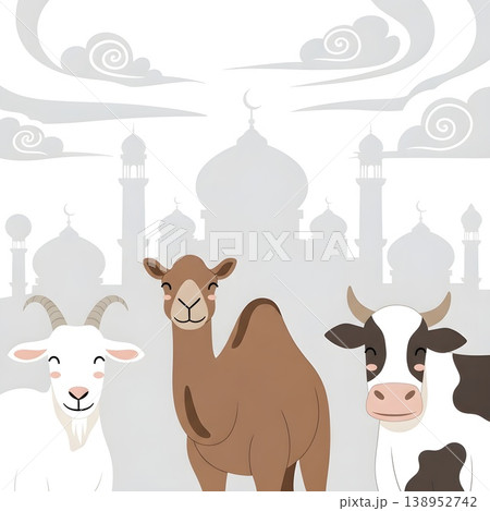 Happy Farm Animals Celebrating Islamic Festival with Mosque Background 138952742