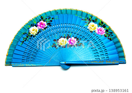 Blue Open Hand Fan Isolated on a White Background Blue Open Hand Fan Isolated on a White Background 138953161