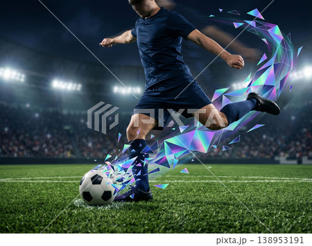 サッカー選手のシュートアクションと虹色の幾何学破片エフェクト・スタジアム背景イラスト 138953191