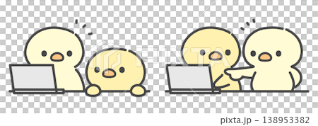 A set of hand-drawn illustrations of a chick giving instructions and advice to another chick working on a laptop. A set of hand-drawn illustrations of a chick giving instructions and advice to another chick working on a laptop. 138953382