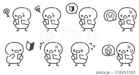 スマートフォンを持ってさまざまな表情をするひよこの手描き線画イラストセット 138953383