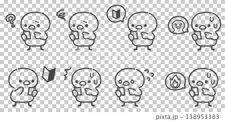 スマートフォンを持ってさまざまな表情をするひよこの手描き線画イラストセット 138953383