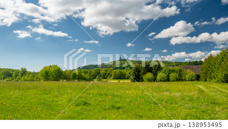 Panoramic view of Cesky Raj landscape in summer with iconic Trosky castle towers rising above green countryside under blue sky with dramatic clouds summer scenic natureview stock Panoramic view of Cesky Raj landscape in summer with iconic Trosky castle towers rising above green countryside under blue sky with dramatic clouds summer scenic natureview stock 138953495
