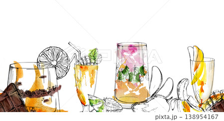 Seamless border of orange citrus, mango and berry smoothie drinks, chocolate and mint accents. Hand drawn ink outline, watercolor brush strokes. Summer beverage, tropical juice menu headers, dividers 138954167