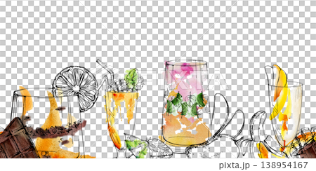 Seamless border of orange citrus, mango and berry smoothie drinks, chocolate and mint accents. Hand drawn ink outline, watercolor brush strokes. Summer beverage, tropical juice menu headers, dividers 138954167