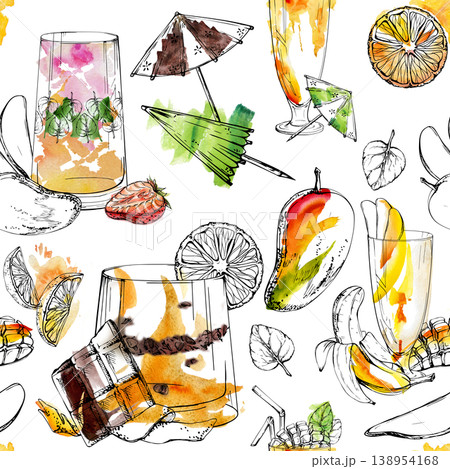 Orange citrus, exotic mango and strawberry smoothies mix in lively colorful seamless pattern, chocolate chips accents. Hand drawn watercolor wash, ink contour. Juice cartons, vitamin drink packaging 138954168