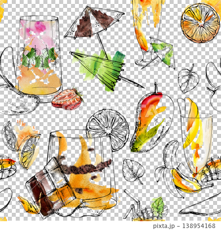 Orange citrus, exotic mango and strawberry smoothies mix in lively colorful seamless pattern, chocolate chips accents. Hand drawn watercolor wash, ink contour. Juice cartons, vitamin drink packaging 138954168