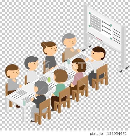一幅等距插圖，描繪了公寓大樓的全體員工大會或董事會會議。 138954472