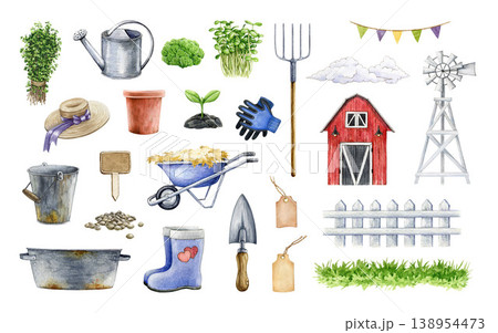 Farm and gardening clipart watercolor illustration set with tools barn plants and decor, countryside mood hand drawn rustic elements for agriculture design, isolated on white background Farm and gardening clipart watercolor illustration set with tools barn plants and decor, countryside mood hand drawn rustic elements for agriculture design, isolated on white background 138954473