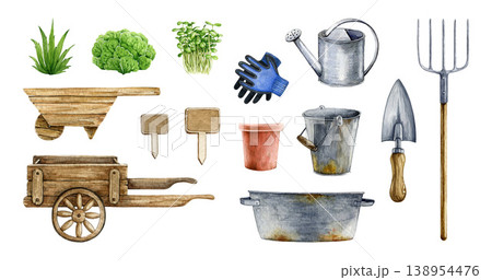 Gardening clipart watercolor illustration set with tools plants and containers, hand drawn garden elements for farming design, spring work, natural isolated on withe background Gardening clipart watercolor illustration set with tools plants and containers, hand drawn garden elements for farming design, spring work, natural isolated on withe background 138954476