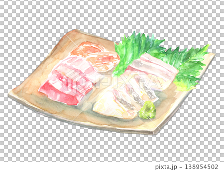Watercolor illustration of a sashimi platter 138954502