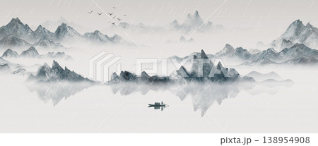 New Chinese and Japanese style landscape architecture illustration with traditional aesthetic art imagery New Chinese and Japanese style landscape architecture illustration with traditional aesthetic art imagery 138954908