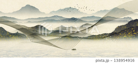New Chinese and Japanese style landscape architecture illustration with traditional aesthetic art imagery New Chinese and Japanese style landscape architecture illustration with traditional aesthetic art imagery 138954916